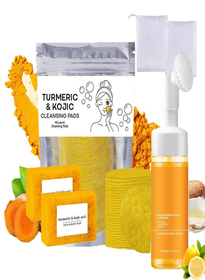 Domality Turmeric Wash and Care Three Piece Set, Tuemeric Facial Cleanser With Brush, Turmeric Face Scrub Pads, Turmeric Soap Bar, Soap Foaming Net, Deep Cleansing Set for for Face and Body - Image 1